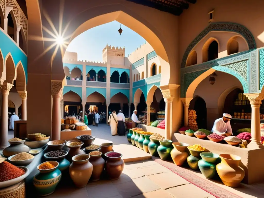 Un bullicioso zoco en una ciudad del Medio Oriente, lleno de colores, aromas y diversidad cultural islámica, capturando la esencia del Sufismo