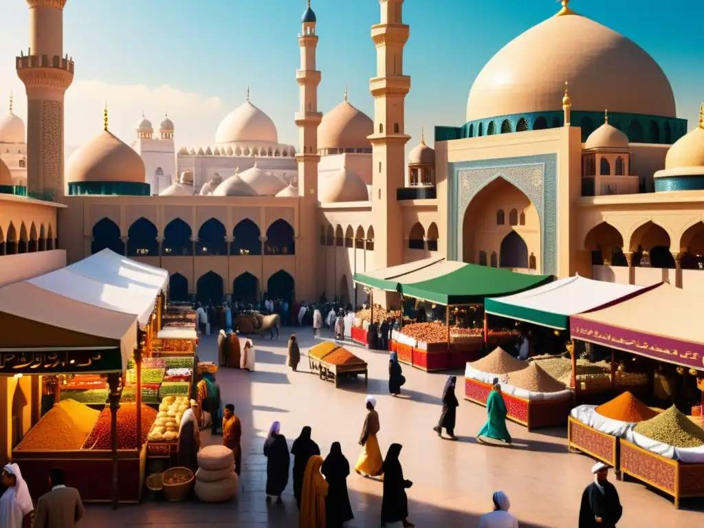Mercado bullicioso en una ciudad del Medio Oriente Vivid ilustración de un bullicioso zoco en una ciudad del Medio Oriente, reflejando la importancia de Mil y una noches en ética islámica