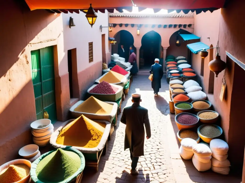 Un bullicioso zoco en Marrakech, Marruecos, con colores y texturas vibrantes