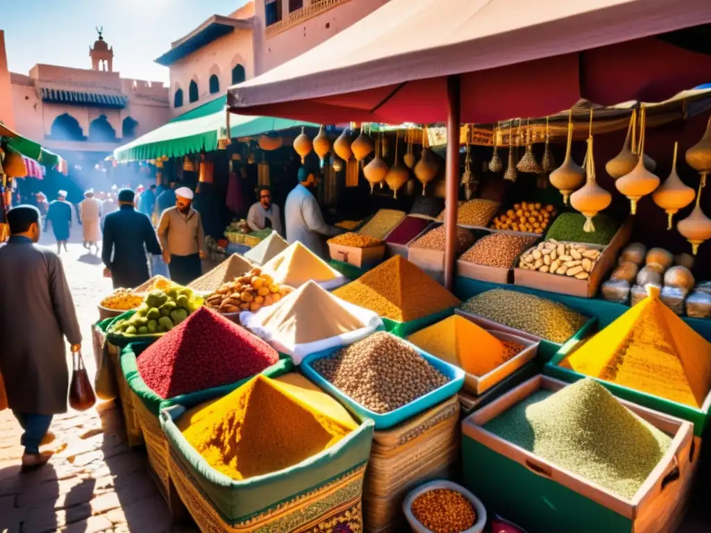 Un bullicioso zoco en Marrakech, Marruecos, con colores vibrantes y patrones intrincados