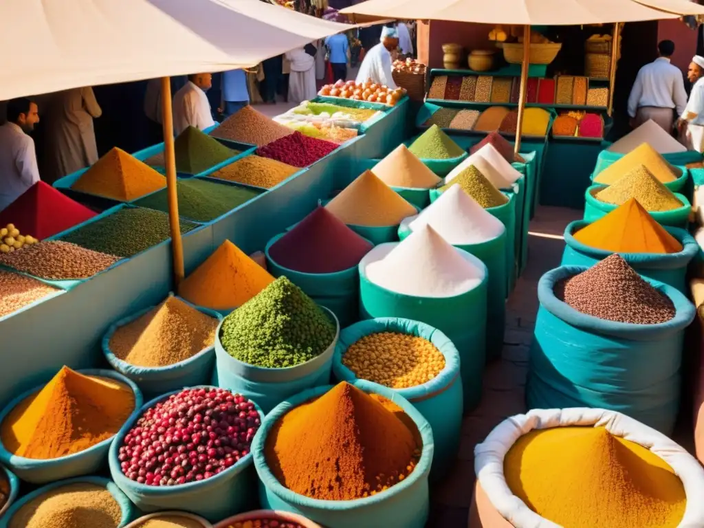 Un bullicioso zoco en Marrakech, Marruecos, muestra la diversidad cultural en el mundo islámico con especias, frutas frescas y arquitectura detallada