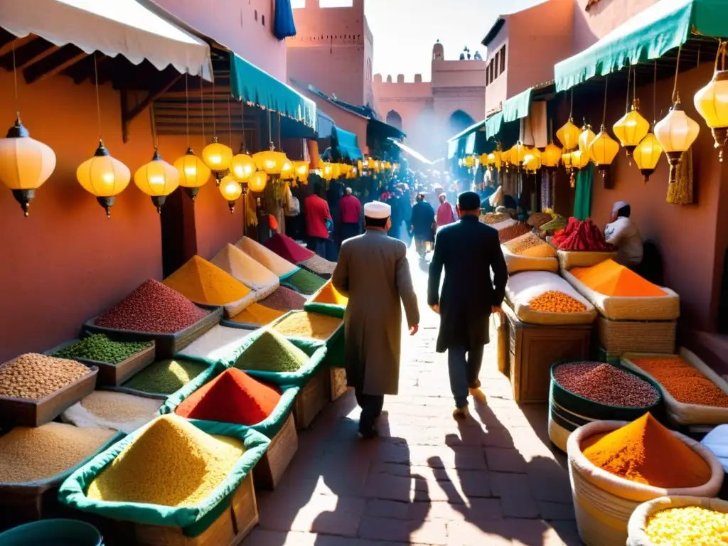 Un bullicioso zoco en Marrakech, Marruecos, con influencia islámica en la gastronomía mundial