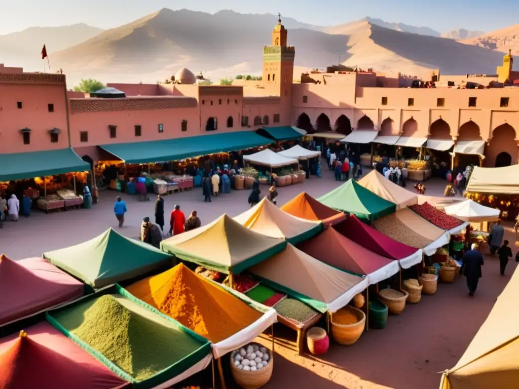 Un bullicioso zoco en Marrakech, Marruecos, lleno de coloridos puestos de especias y textiles, con el telón de fondo de las montañas del Atlas