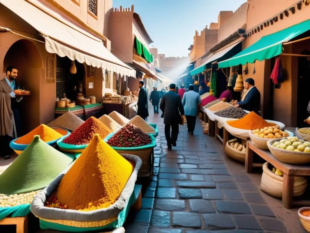 Un bullicioso zoco en una medina histórica de Marruecos, con puestos vibrantes de textiles, cerámica y especias