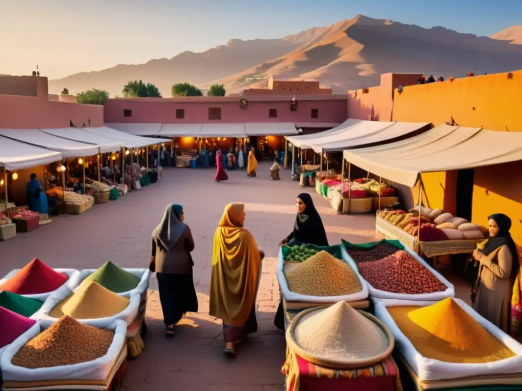 Un bullicioso zoco en Marrakech, Marruecos, con mujeres vistiendo coloridos hiyabs y ropa tradicional del norte de África, rodeadas de textiles y especias vibrantes, con las montañas del Atlas de fondo y la cálida luz dorada del sol poniente proyectando largas sombras