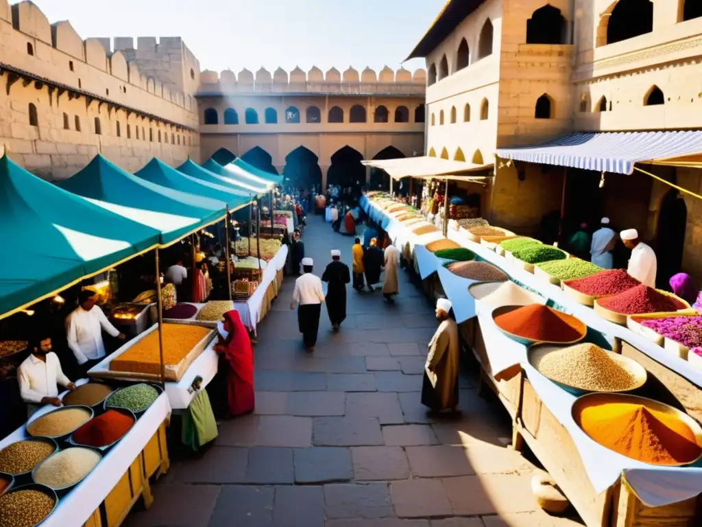 En un bullicioso zoco musulmán, calles estrechas alineadas con puestos de colores vendiendo textiles, especias y artesanías