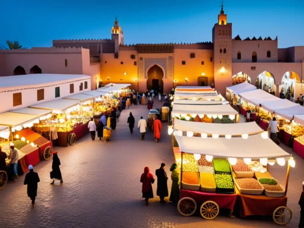 Un bullicioso zoco en Marrakech, Marruecos, repleto de coloridos puestos que ofrecen medicinas tradicionales islámicas