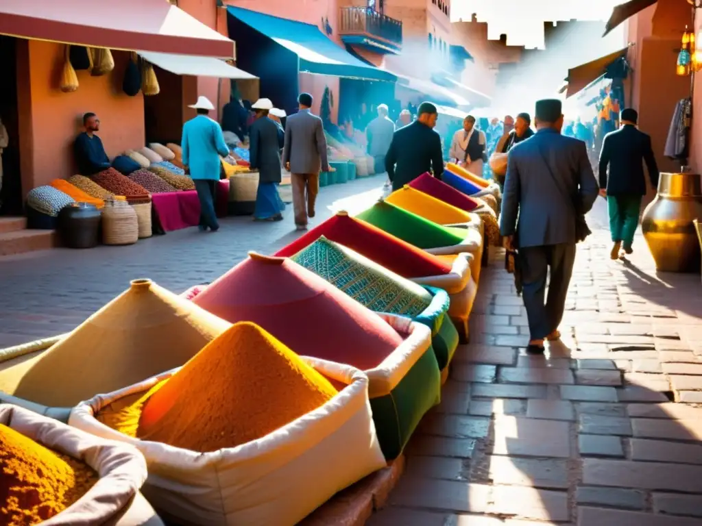 Un bullicioso zoco en Marrakech, Marruecos, con textiles y cerámica coloridos, aromas de especias y música tradicional