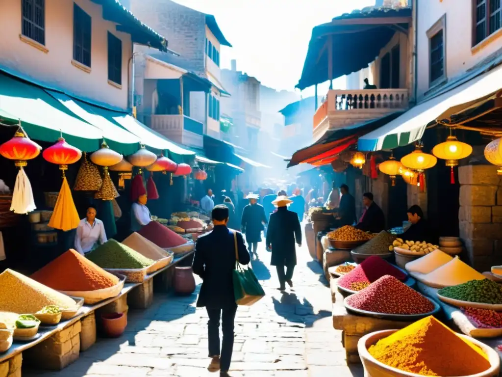 Un bullicioso zoco tradicional en una antigua ciudad islámica, con coloridos puestos de especias, textiles y cerámica