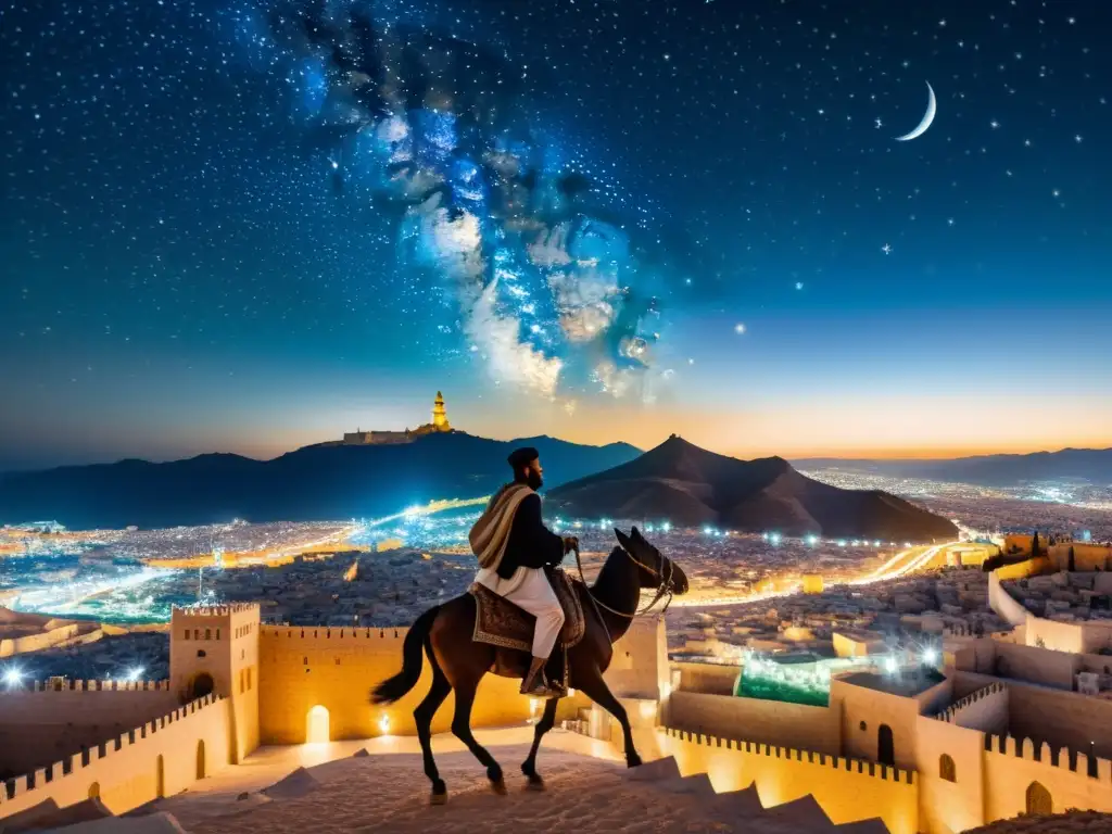 El profeta Muhammad viaja en Buraq en el Viaje celestial Isra y Mi'raj Islam, con vistas a Mecca y Jerusalem bajo un cielo estrellado