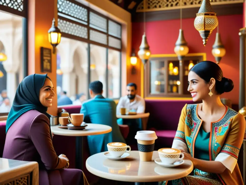 Un café bullicioso en una vibrante ciudad del Medio Oriente, con arquitectura tradicional, textiles coloridos y tazas de café intrincadamente diseñadas