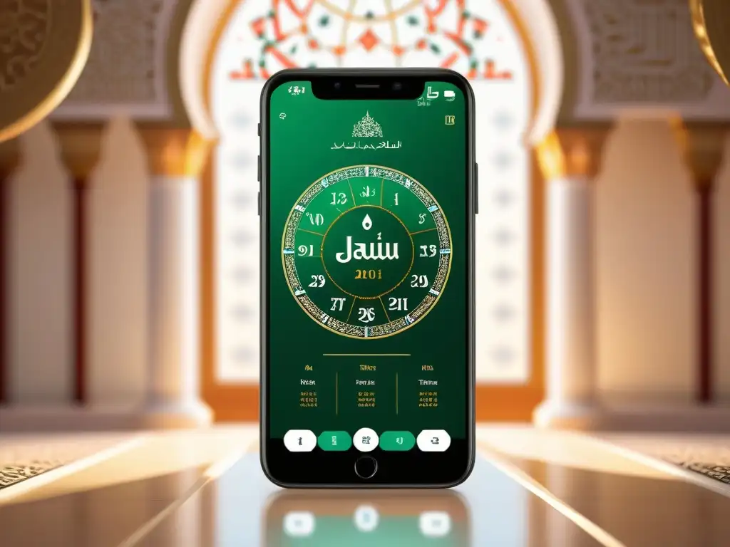 Calendario islámico para celebraciones importantes en una app con diseño elegante y caligrafía árabe, sobre fondo de mezquita al atardecer