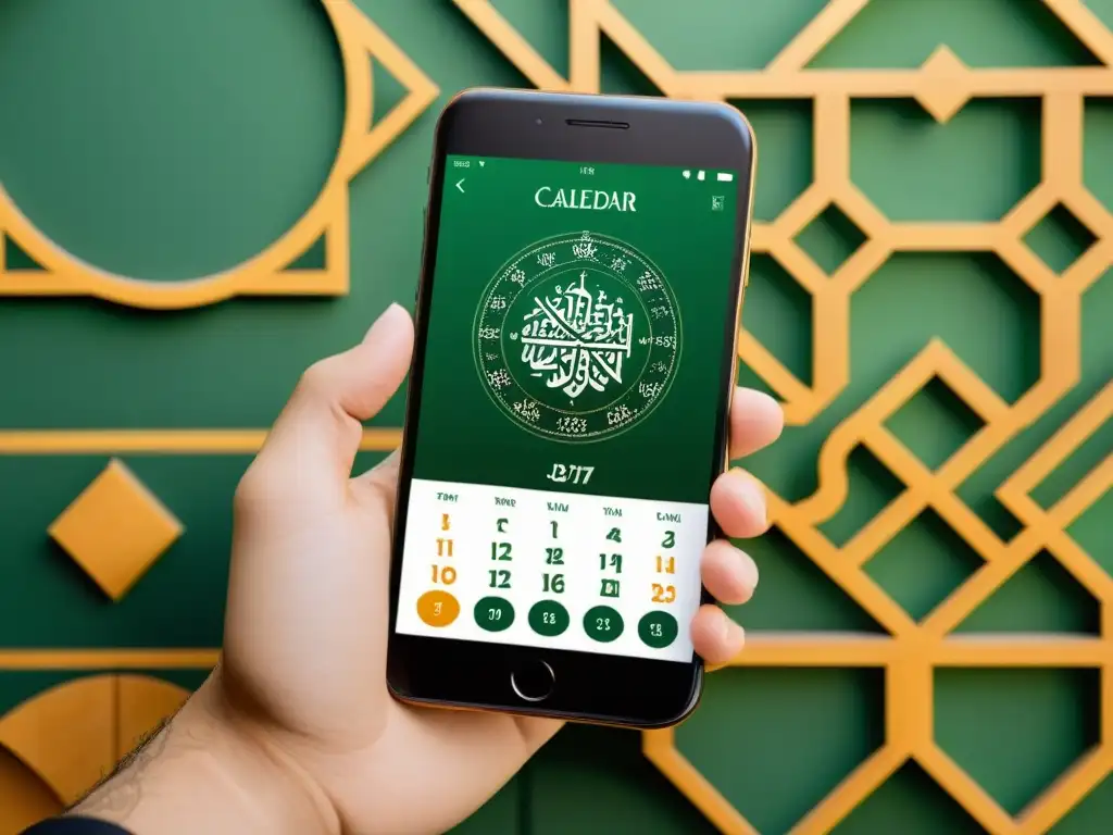 Un calendario islámico digital con diseño moderno y llamativo, mostrando celebraciones importantes