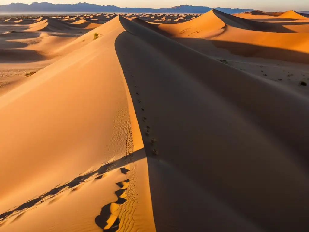 La cálida luz del atardecer ilumina el desierto, donde una caravana de camellos se desplaza en la distancia