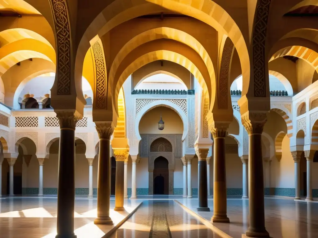 La cálida luz del sol filtra a través de los arcos en la Gran Mezquita de Córdoba, una joya arquitectónica herencia islámica