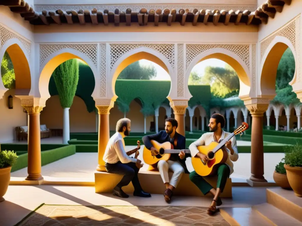 Un cálido encuentro de músicos y poetas en un patio andaluz, rodeados de exuberantes jardines y arquitectura morisca