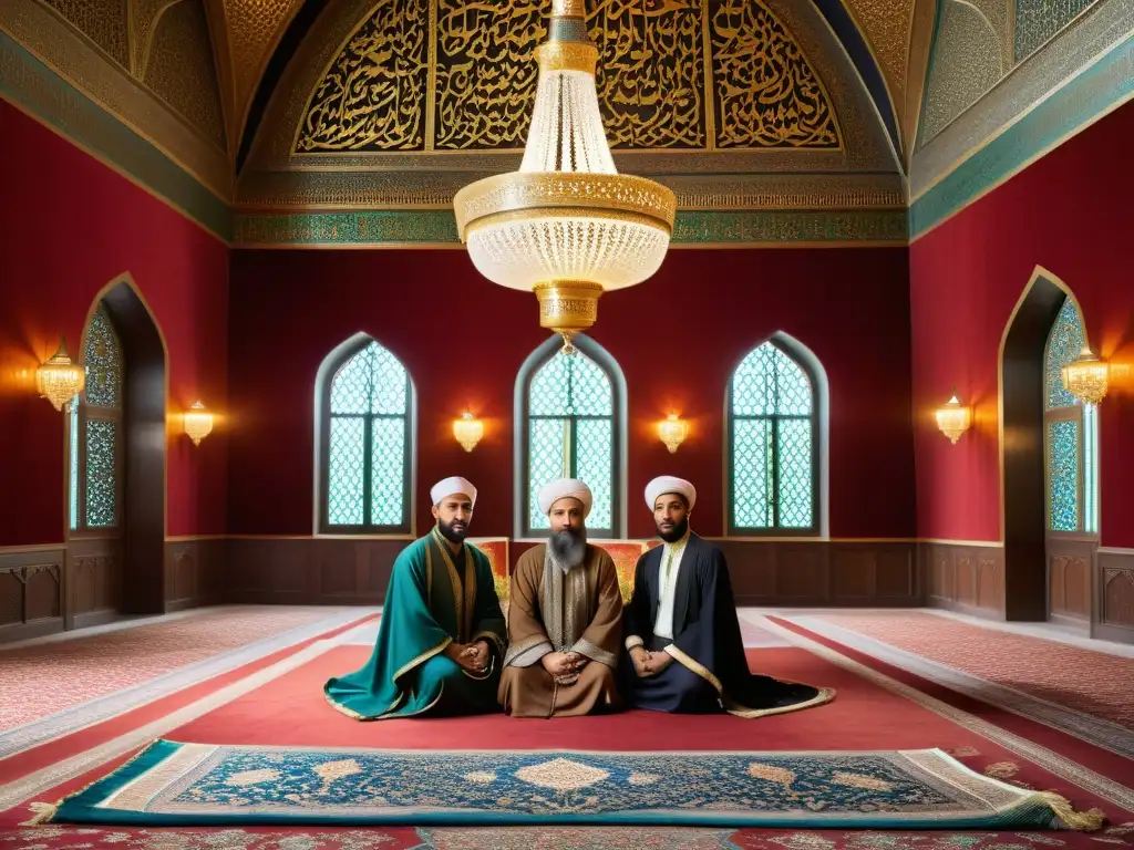 Cuatro califas Rashidun del Islam sentados en una cámara majestuosa, rodeados de opulencia y sabiduría, capturando su legado