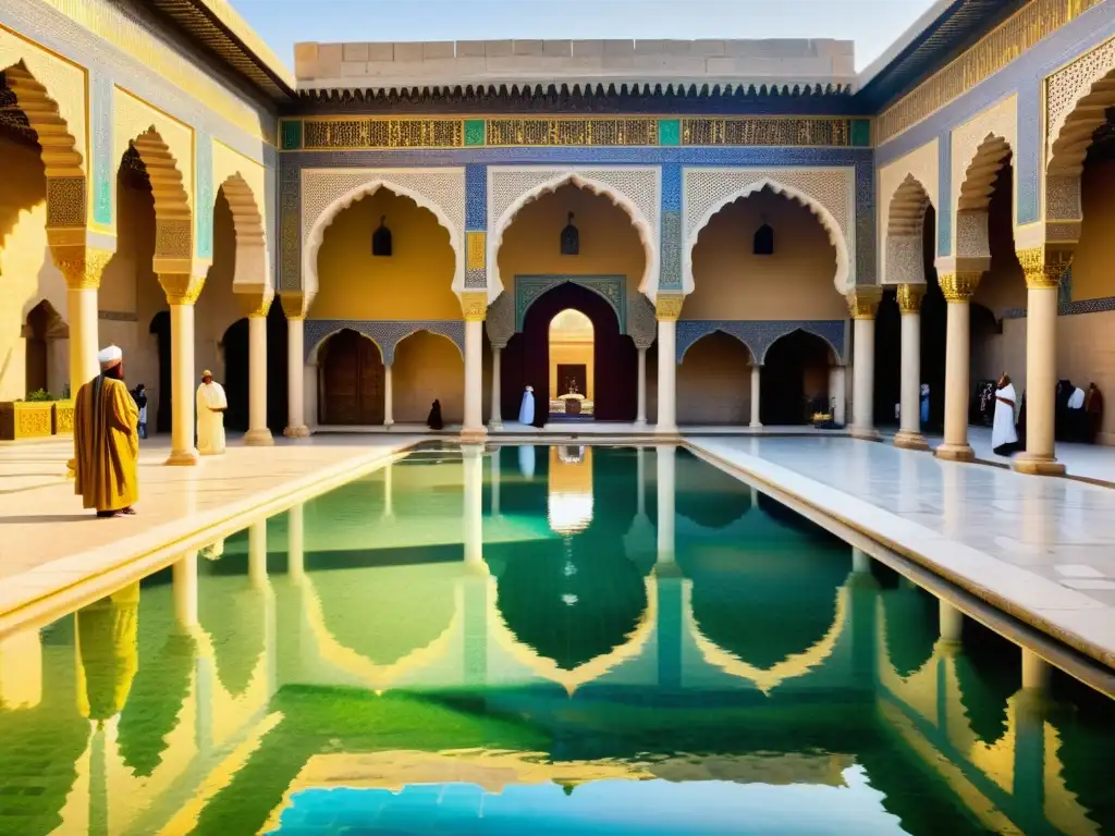 Califato Abasí: majestuoso patio palaciego en la antigua Bagdad, con mosaicos y jardines exuberantes