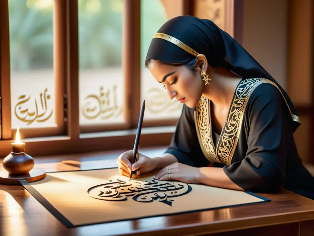 Una calígrafa islámica femenina crea una obra de arte con importancia de la caligrafía islámica femenina