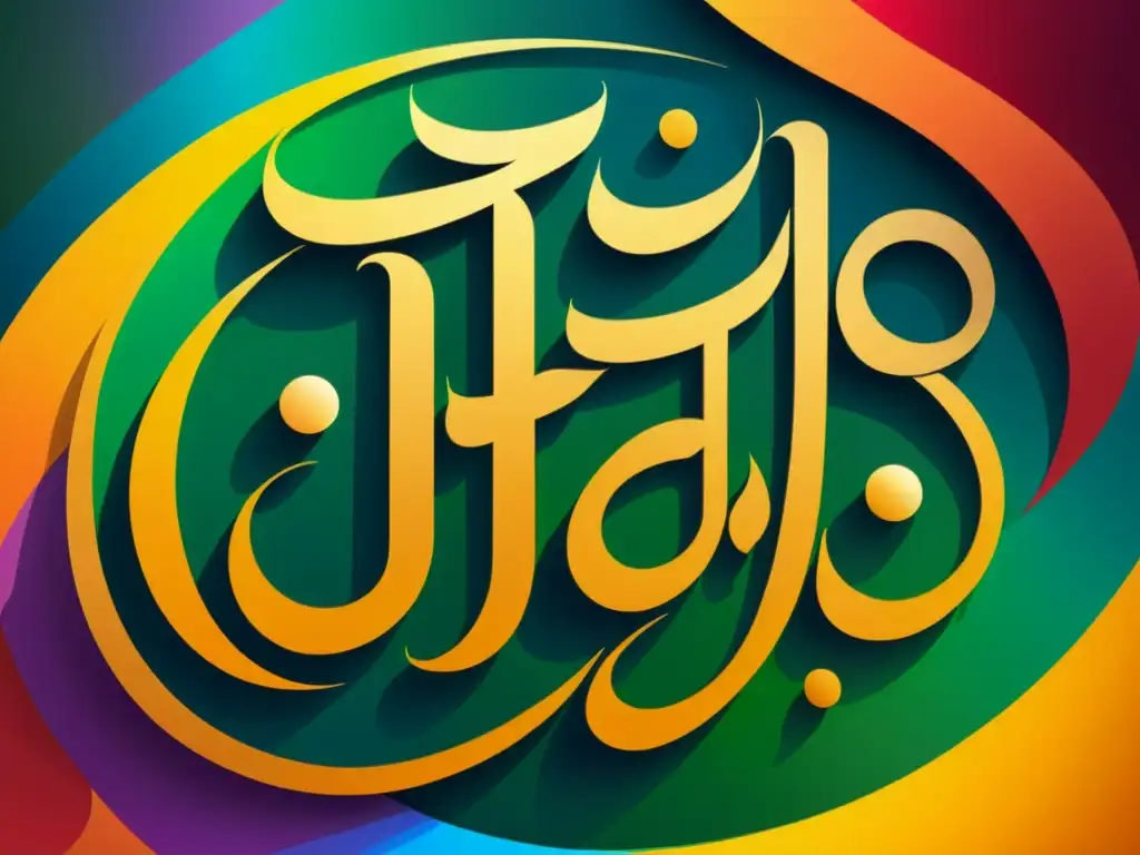 Caligrafía islámica poesía arte: Detalle preciso y elegante de una compleja pieza de caligrafía, enriquecida por colores vibrantes