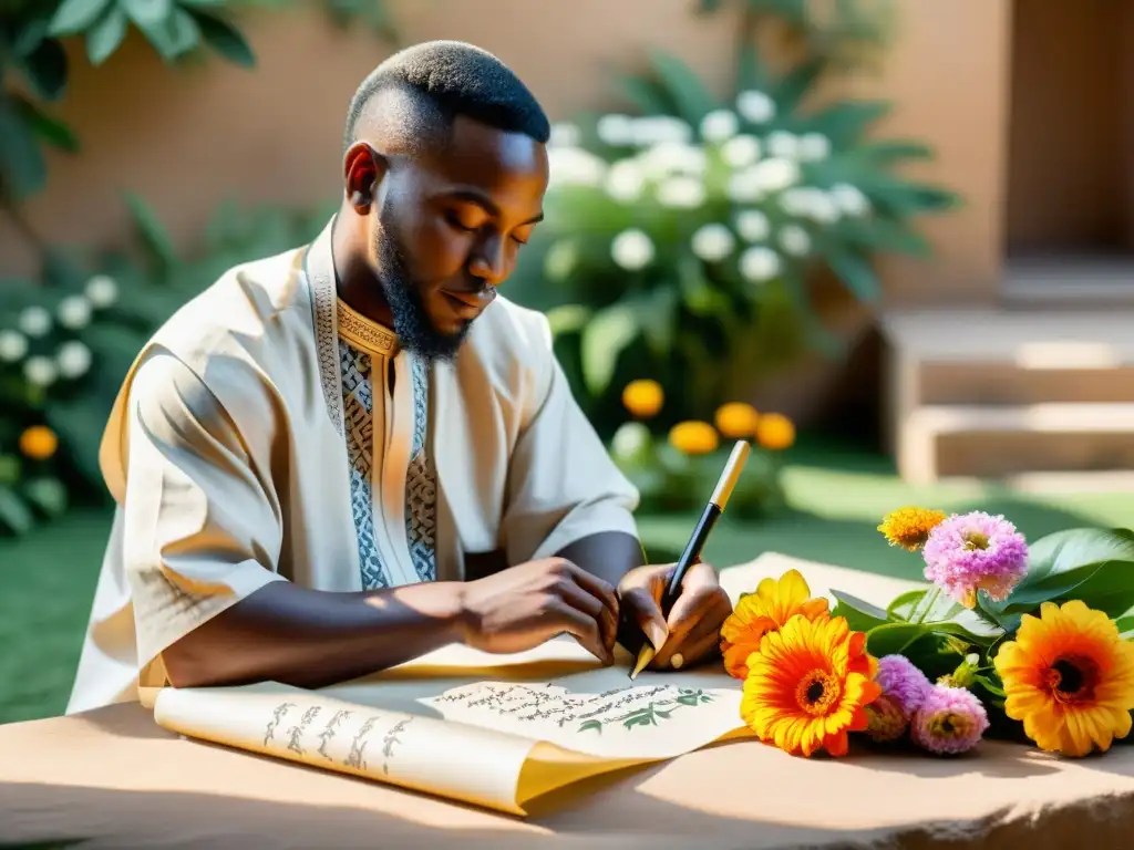 Un calígrafo africano tradicional crea legado islámico con delicadeza, rodeado de naturaleza exuberante y coloridas flores