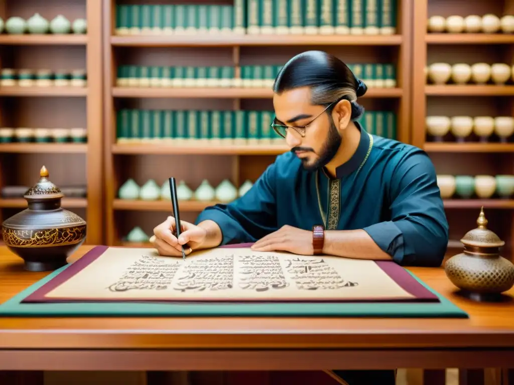 Un calígrafo hábil crea caligrafía islámica en una escena detallada y cálida, rodeado de libros antiguos y tinteros coloridos