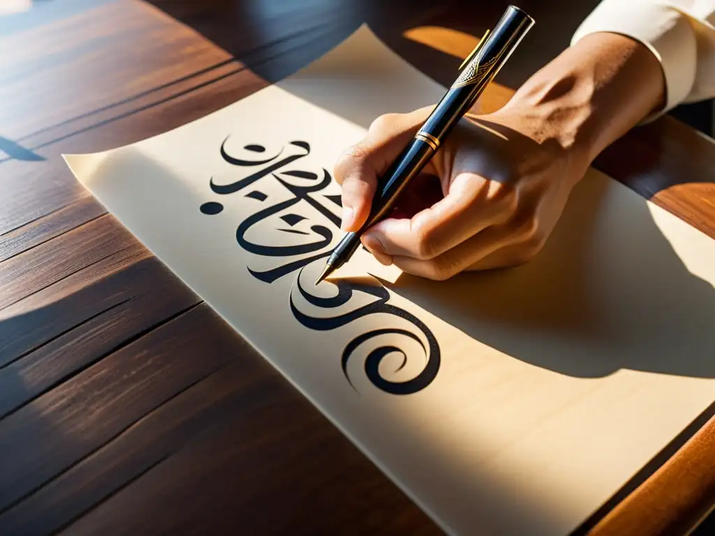 Un calígrafo experto crea con maestría la elegante caligrafía árabe, arte contemporáneo reinventado