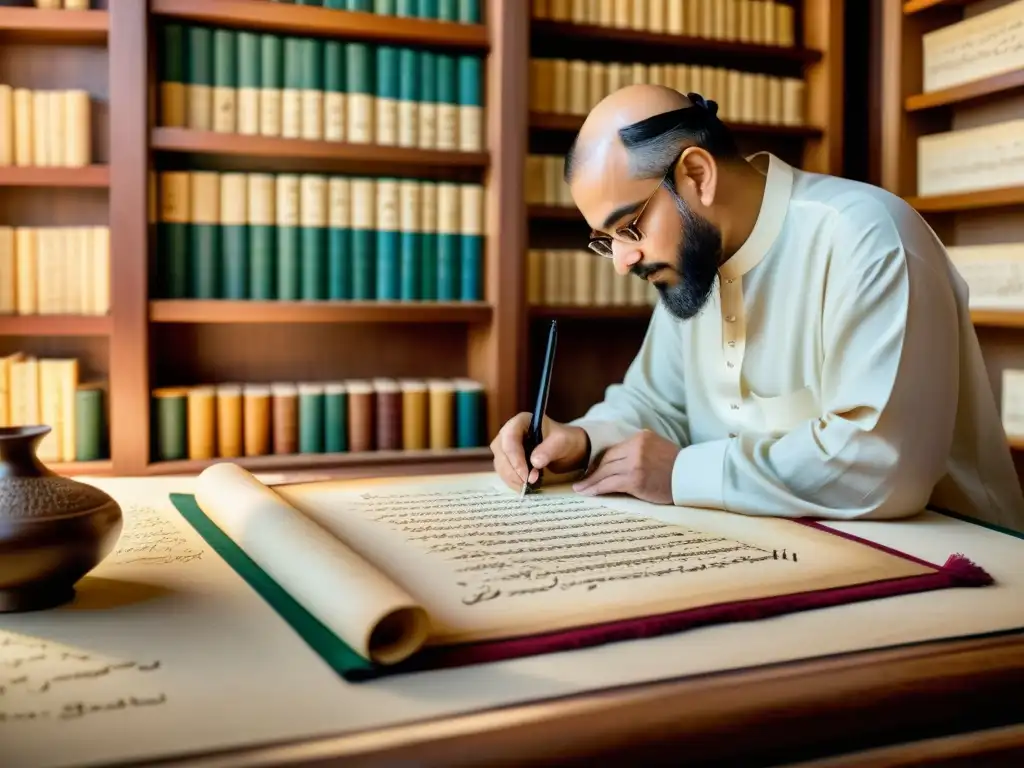 Un calígrafo experto escribe una hermosa poesía árabe en pergamino, rodeado de manuscritos antiguos y tinteros coloridos