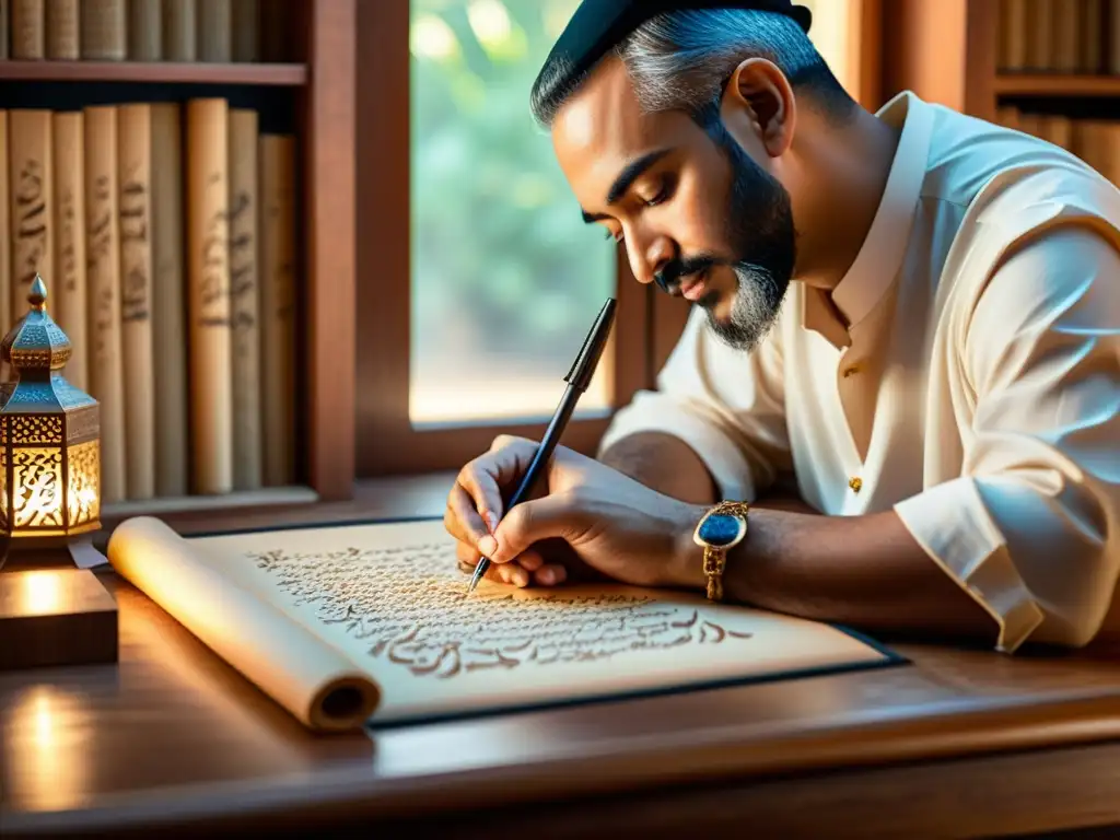 Un calígrafo experto crea intrincada escritura árabe en un escritorio de madera rodeado de manuscritos antiguos y arte islámico