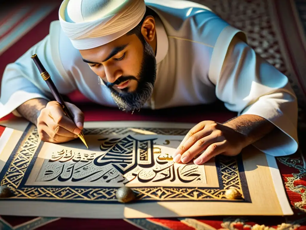 Calígrafo islámico en un estudio lleno de historia y arte, inscribiendo poesía con un qalam dorado sobre papel texturizado