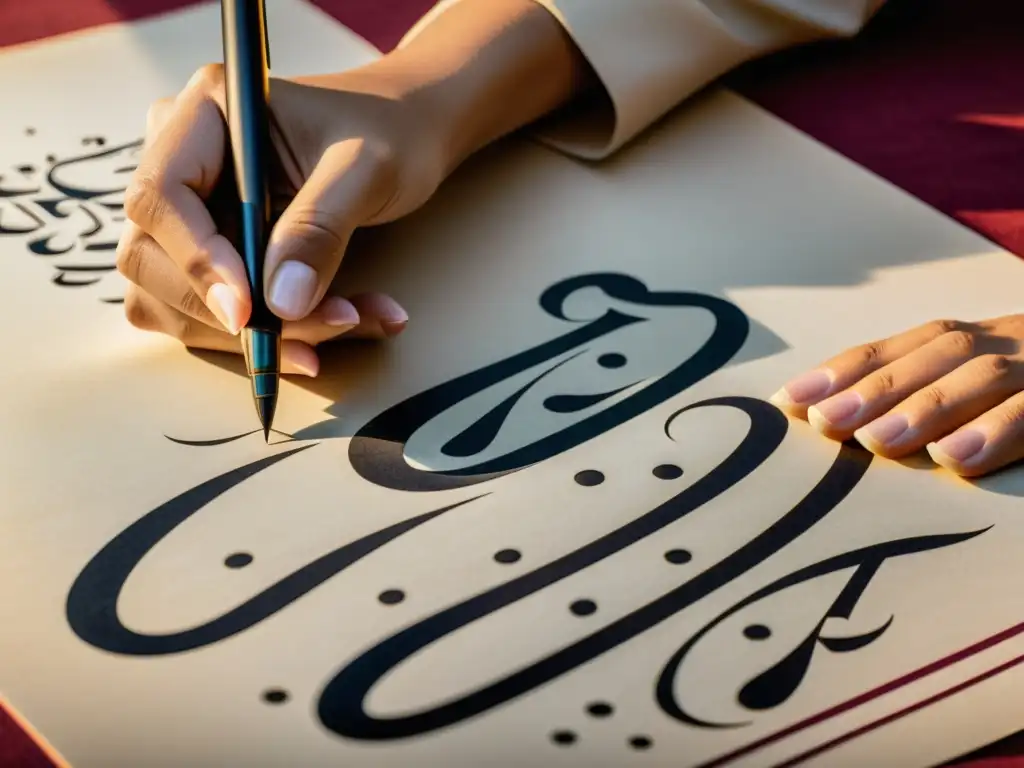 Un calígrafo islámico moderno, meticuloso, escribe con una pluma tradicional sobre pergamino, fusionando arte antiguo con técnicas contemporáneas