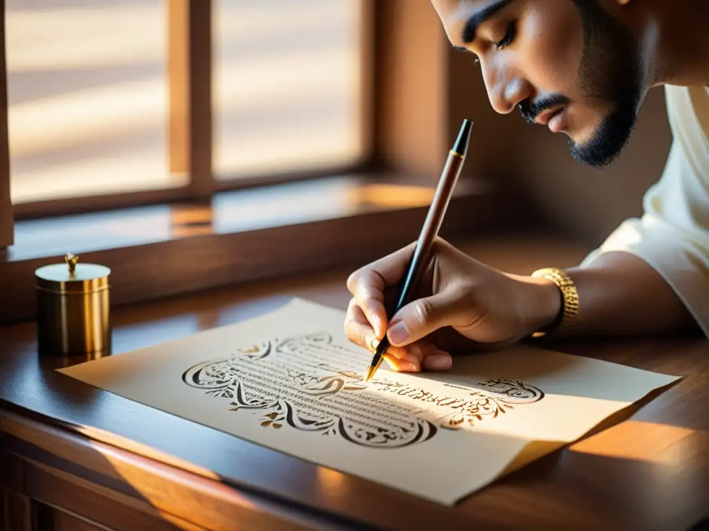 Un calígrafo árabe en línea, meticulosamente escribiendo con una pluma de caña en un pergamino, reflejando una profunda conexión espiritual