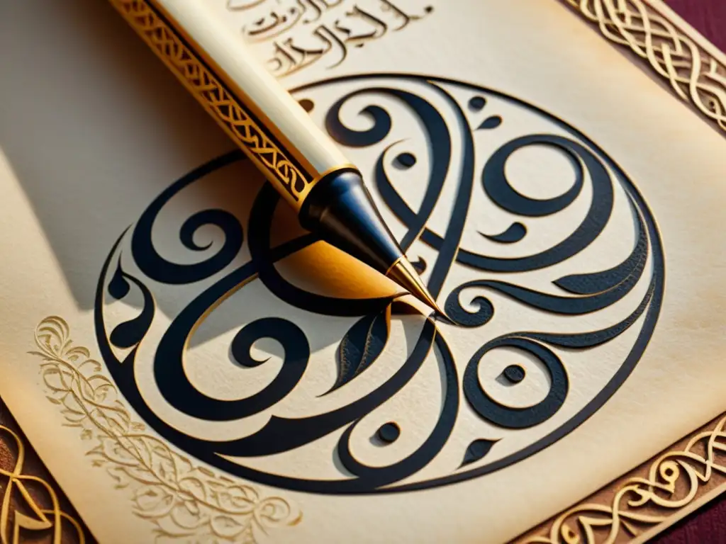 Un calígrafo forma delicadamente poesía árabe con una pluma de caña sobre pergamino texturizado, destacando la belleza de la caligrafía islámica