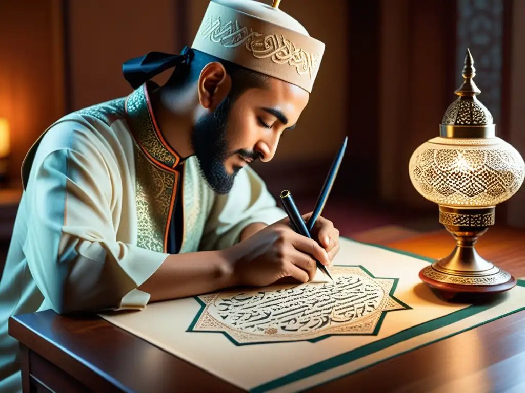 Un calígrafo tradicional crea una hermosa escritura árabe en un entorno rico y acogedor