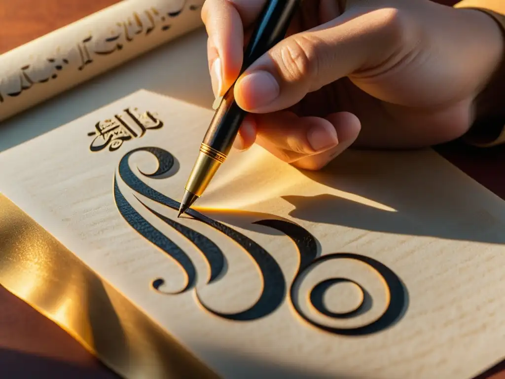 Un calígrafo tradicional realiza proceso caligrafía islámica con elegante pluma de caña, creando hermosa escritura árabe sobre pergamino texturizado