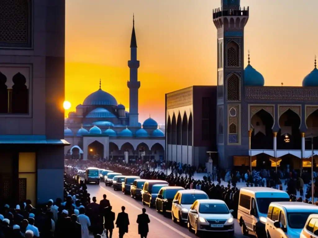 Vida urbana al atardecer con llamado a la oración Una calle bulliciosa de una ciudad al atardecer, con una mezquita de fondo y el muecín llamando al Adhan desde el minarete