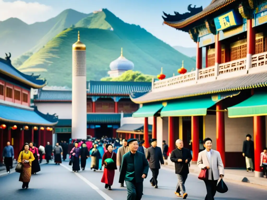 Una calle bulliciosa en una ciudad china, con edificios tradicionales y modernos