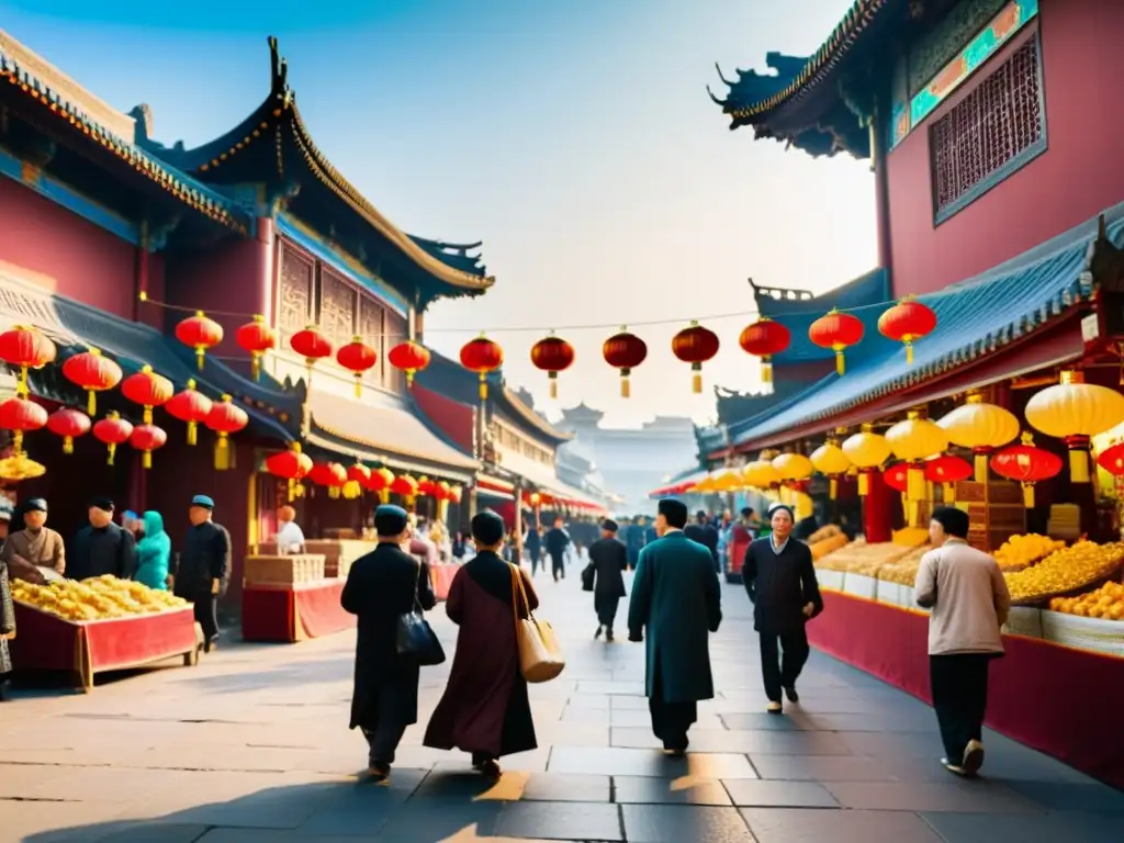 Una calle bulliciosa en una ciudad china, con arquitectura tradicional y personas diversas, incluidos musulmanes Hui, en sus actividades diarias