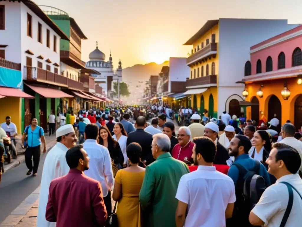 Una calle bulliciosa de una ciudad latinoamericana donde conviven pacíficamente personas de diferentes etnias y religiones