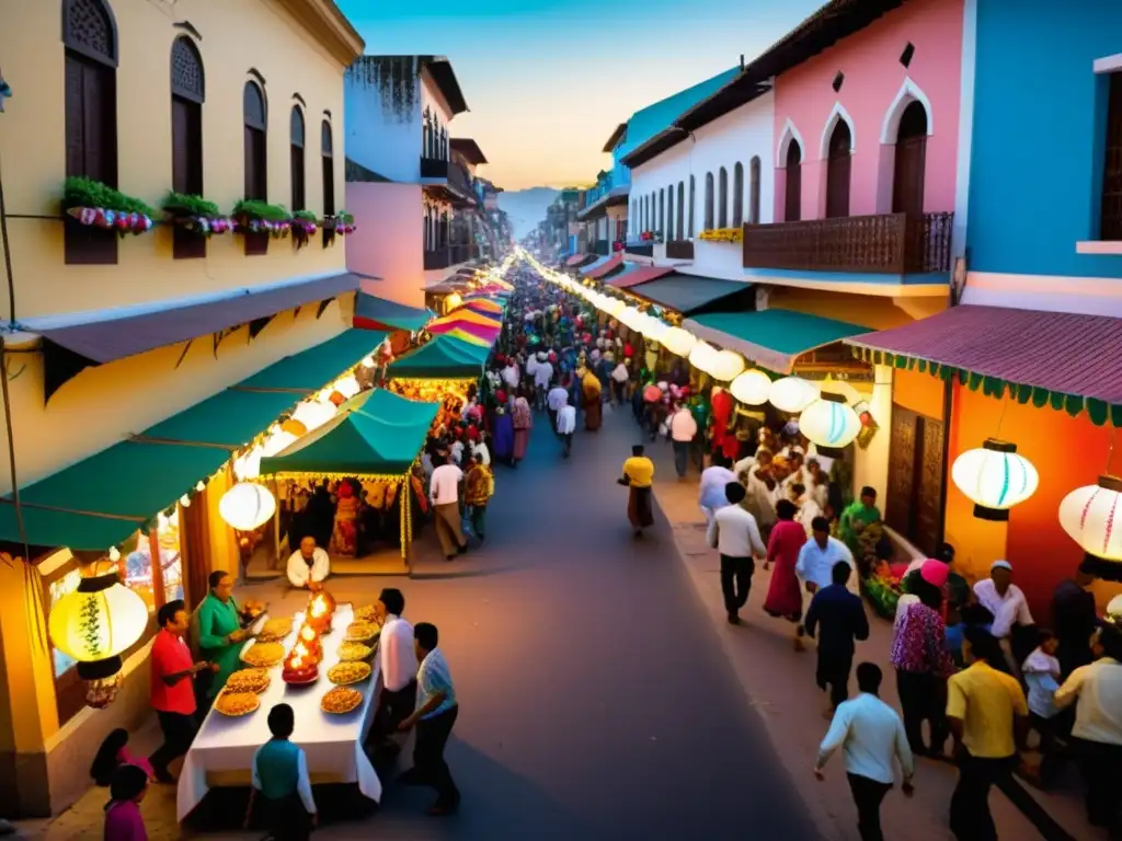 Una calle bulliciosa en una ciudad latinoamericana, llena de celebraciones de Eid al-Fitr, con comida tradicional, música y linternas