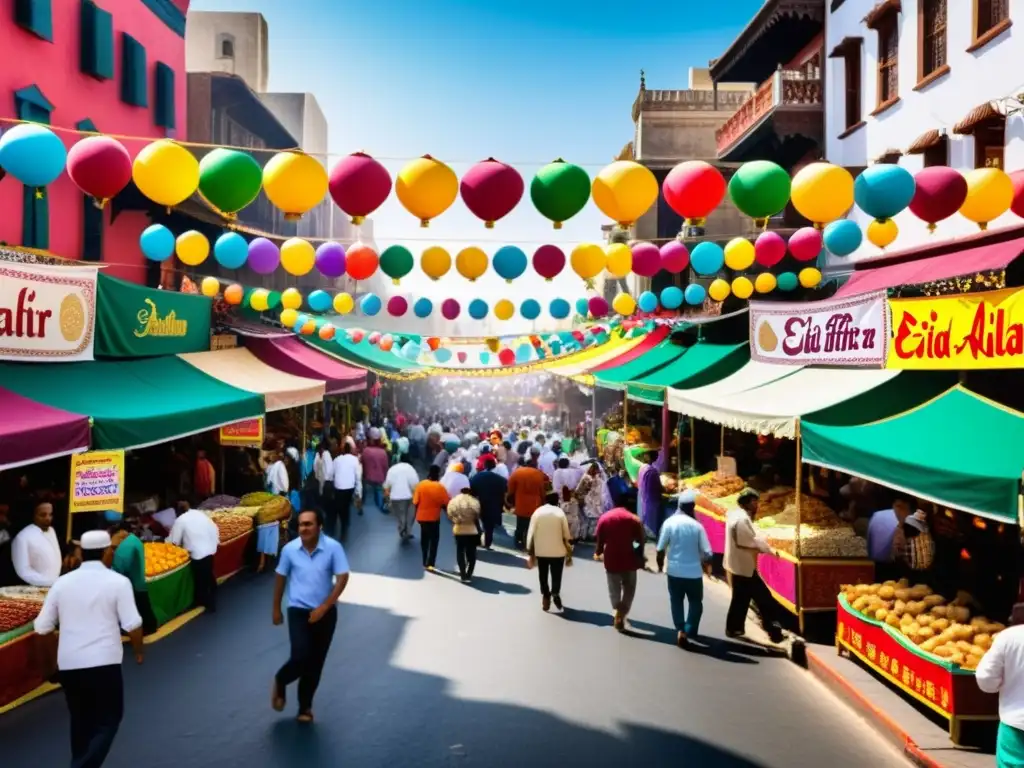 Una calle bulliciosa en una ciudad latinoamericana, fusionando la cultura del Eid al-Fitr con la latina