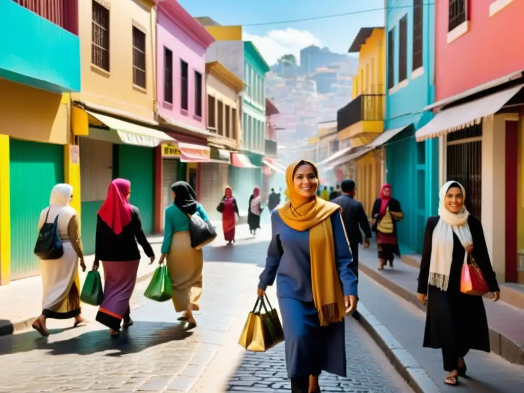 Una calle bulliciosa de una ciudad latinoamericana con diversidad de personas