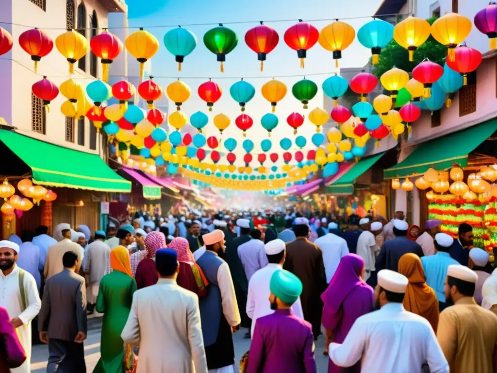 Una calle bulliciosa en una ciudad de mayoría musulmana celebra Eid alFitr Ramadán con luces y coloridas vestimentas