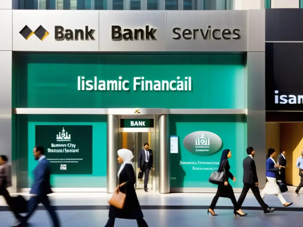 Banca Islámica: Inclusiva y Moderna en la Ciudad Una calle bulliciosa de la ciudad con un moderno y elegante edificio bancario en el fondo