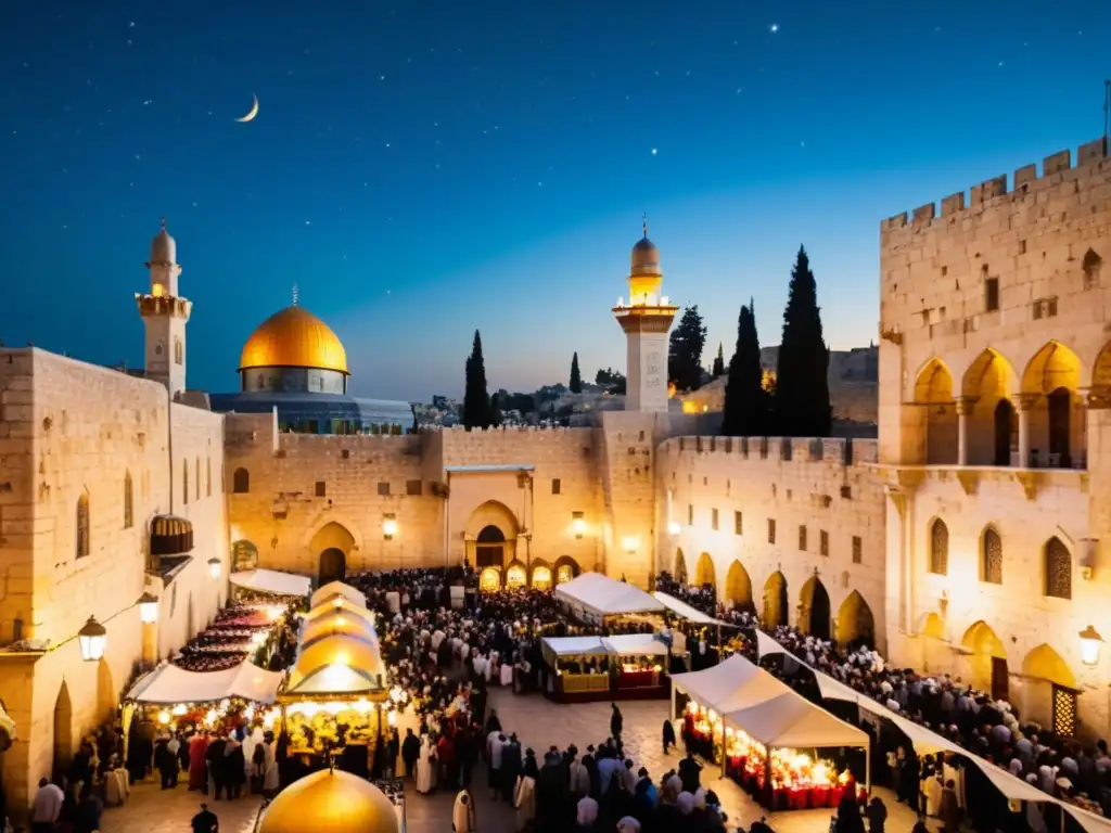 Una calle bulliciosa en la Ciudad Vieja de Jerusalén durante Ramadán, con decoraciones vibrantes, faroles y una multitud diversa reunida para el iftar