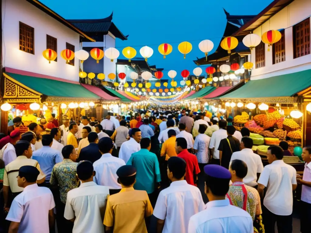 Una calle bulliciosa en Indonesia durante un festival islámico, con decoraciones coloridas y personas vestidas con atuendos tradicionales