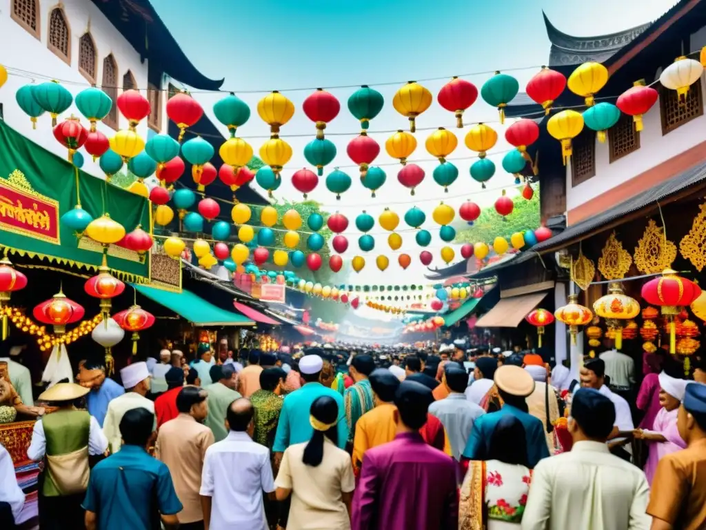 Una calle bulliciosa en Indonesia o Malasia, llena de decoraciones coloridas y personas celebrando Eid alMawlid en diferentes culturas