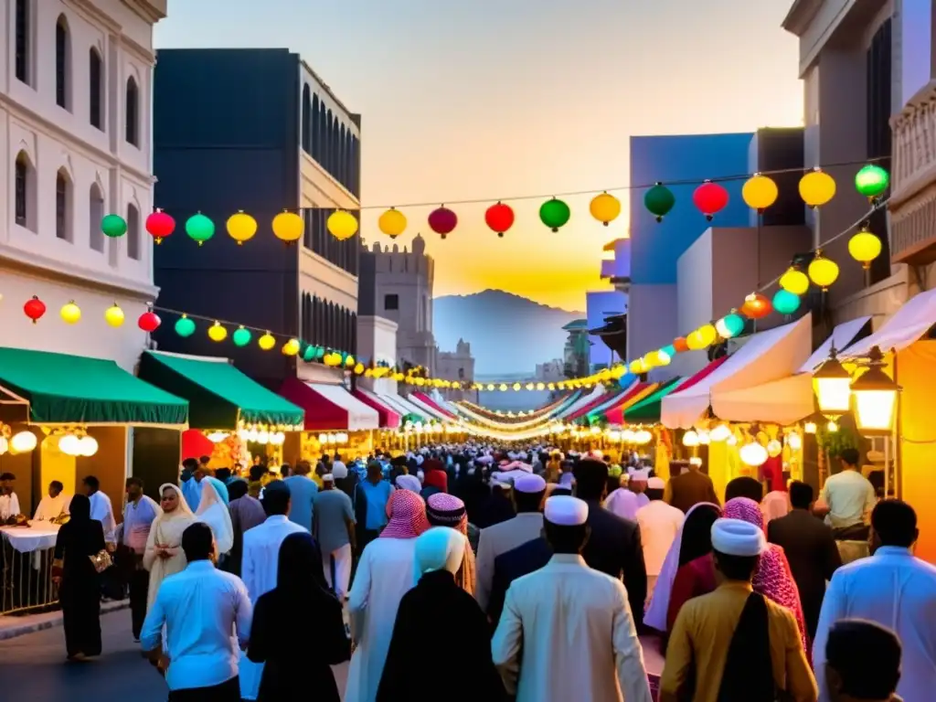 Colorida celebración de Eid alFitr en la bulliciosa ciudad Una calle bulliciosa llena de colores vibrantes, decorada con banderas y luces para Eid al-Fitr