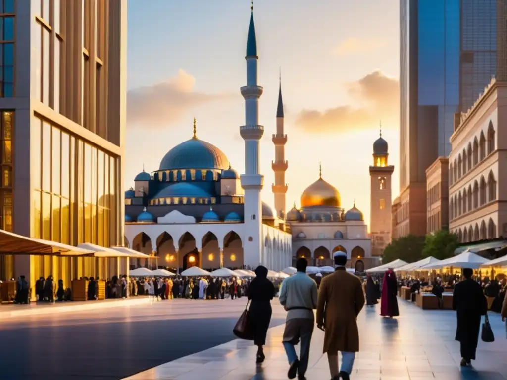 Convivencia cultural en la ciudad: mezquita y diversidad Una calle bulliciosa con una mezquita de fondo, mostrando diversidad y convivencia en el Islam moderno