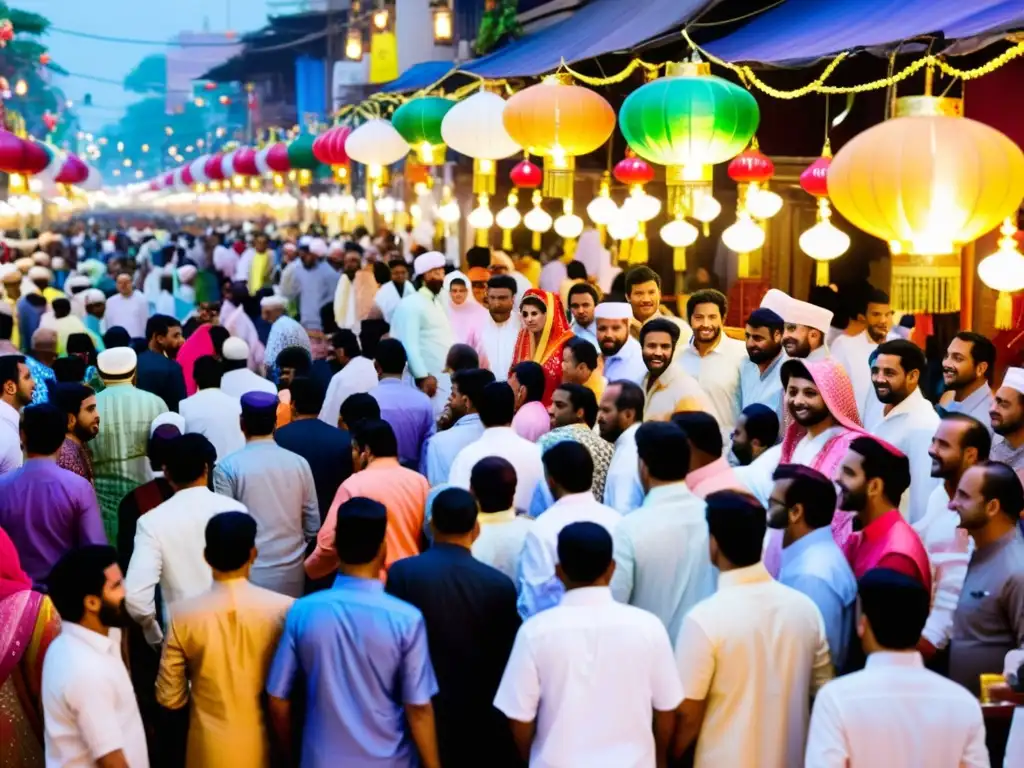 Una calle de la ciudad bulliciosa llena de personas vestidas con trajes tradicionales coloridos, adornada con decoraciones vibrantes y música animada, celebrando Eid al-Adha con festividades alegres y actuaciones culturales bajo una deslumbrante exhibición de luces centelleantes y faroles ornamentales